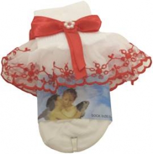 Girls Socks w/ Organza Trimming and Bow 022103E-White/ Red